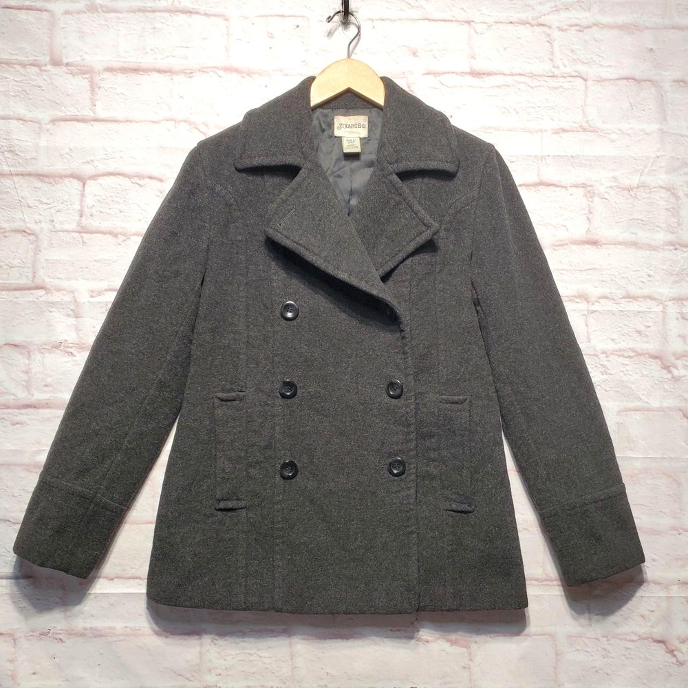St Johns Bay Coat Womens Small Gray Wool Cashmere Double Breasted Peacoat Jacket